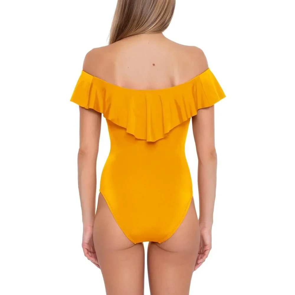 Trina Turk Women's Yellow Ruffle Bandeau One Piece Swim 12 NWT